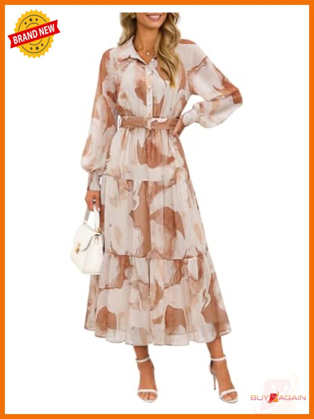 Women's Long Sleeve Floral Faux Chiffon Maxi Dress Button Down Belted